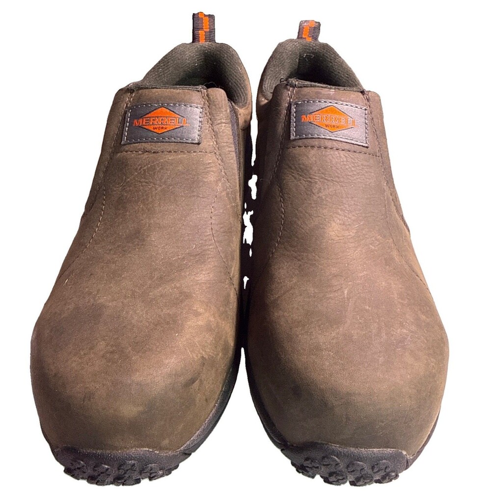 Merrell Work Men’s Jungle Moc Leather Composite Toe Slip on Work shoes Brown 8